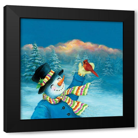 Cardinal and Snowman Black Modern Wood Framed Art Print by P.S. Art