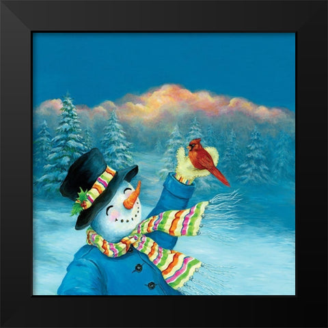 Cardinal and Snowman Black Modern Wood Framed Art Print by P.S. Art