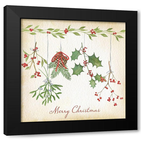 Merry Christmas Holly Black Modern Wood Framed Art Print by P.S. Art