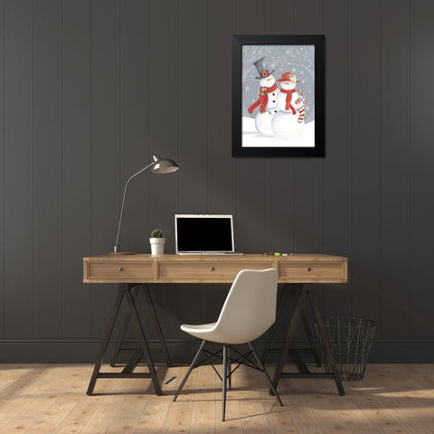 Snowman and Wife Black Modern Wood Framed Art Print by P.S. Art