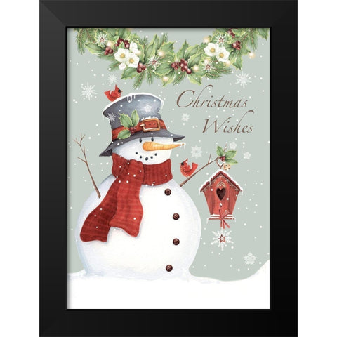 Christmas Wishes Snowman Black Modern Wood Framed Art Print by P.S. Art
