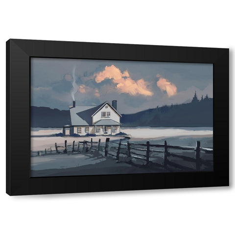 House on a Blue Lake Black Modern Wood Framed Art Print by P.S. Art