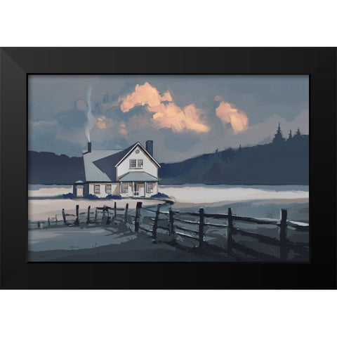 House on a Blue Lake Black Modern Wood Framed Art Print by P.S. Art