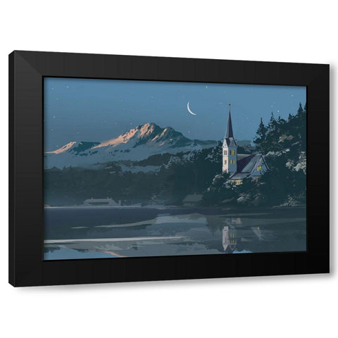 Church on a Blue Lake Black Modern Wood Framed Art Print by P.S. Art