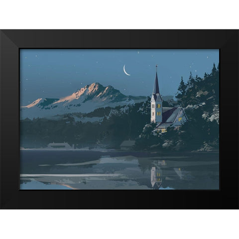 Church on a Blue Lake Black Modern Wood Framed Art Print by P.S. Art