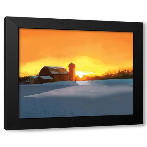 Winter Barn at Sunset Black Modern Wood Framed Art Print by P.S. Art