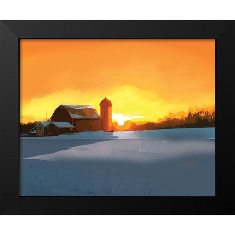 Winter Barn at Sunset Black Modern Wood Framed Art Print by P.S. Art