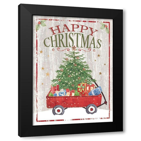 Happy Christmas Wagon Black Modern Wood Framed Art Print with Double Matting by P.S. Art