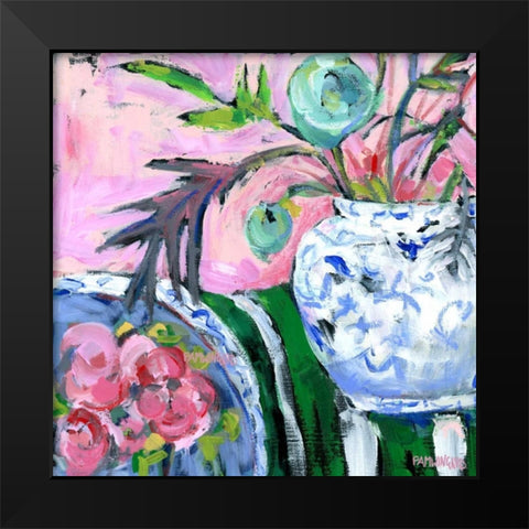 Blue and White with Pink Black Modern Wood Framed Art Print by Pamela J. Wingard