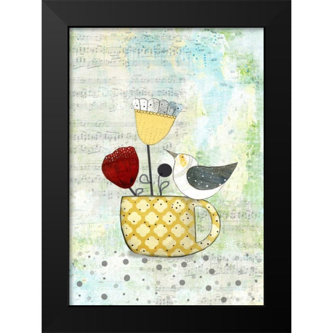 Bird on a Yellow Cup Black Modern Wood Framed Art Print by Ogren, Sarah