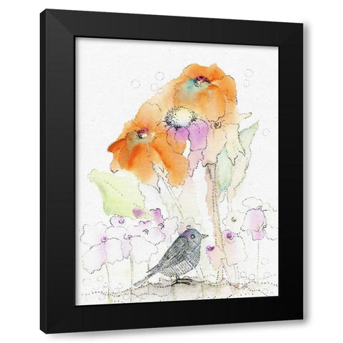 Bird and Orange Flowers Black Modern Wood Framed Art Print by Ogren, Sarah
