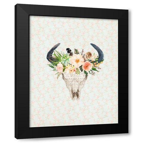 Bull Skull on Floral Black Modern Wood Framed Art Print with Double Matting by Moss, Tara