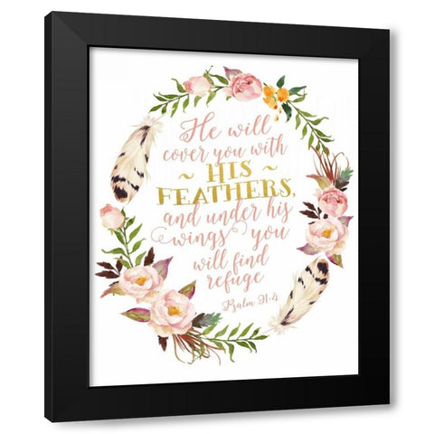 Psalm 91-4 Pink and Gold Wreath Black Modern Wood Framed Art Print with Double Matting by Moss, Tara