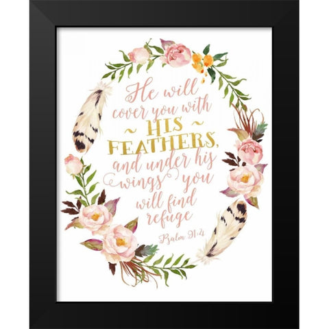 Psalm 91-4 Pink and Gold Wreath Black Modern Wood Framed Art Print by Moss, Tara