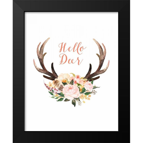Hello Deer Floral Black Modern Wood Framed Art Print by Moss, Tara