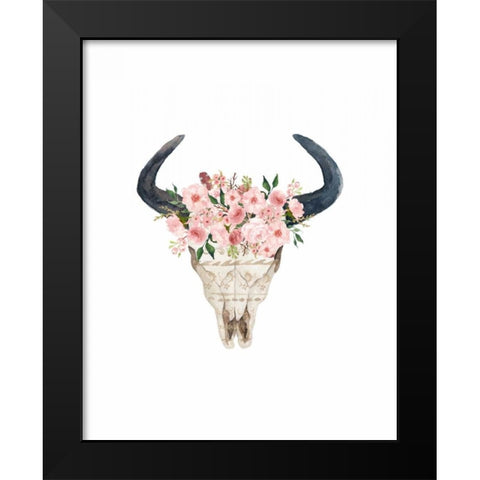 Pink Floral Bull Skull Black Modern Wood Framed Art Print by Moss, Tara