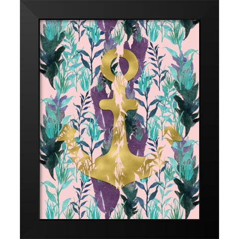 Teal Florals Gold Anchor Black Modern Wood Framed Art Print by Moss, Tara
