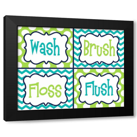 Wash, Brush, Floss, Flush  Green Black Modern Wood Framed Art Print with Double Matting by Robinson, Tamara