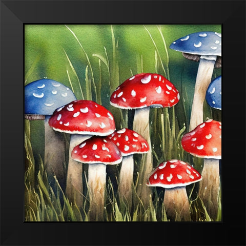 Blue and Red Mushrooms Black Modern Wood Framed Art Print by Dundon, Denise