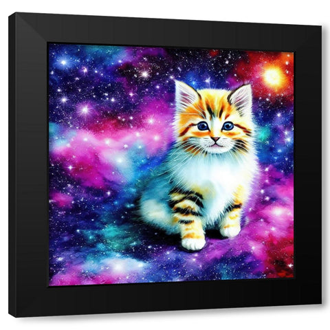 Galaxy Kitten Black Modern Wood Framed Art Print by Dundon, Denise
