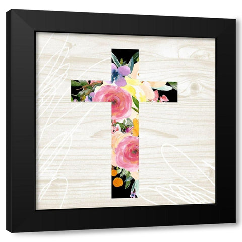 Floral Cross Black Modern Wood Framed Art Print by Wieners, Valerie