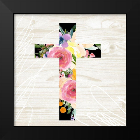 Floral Cross Black Modern Wood Framed Art Print by Wieners, Valerie