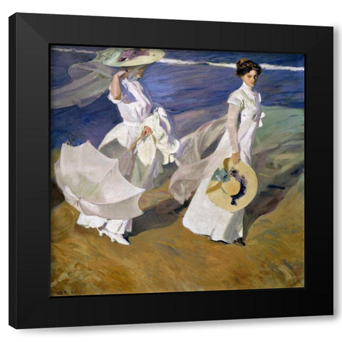 Strolling along the Seashore Black Modern Wood Framed Art Print by Sorolla y Bastida, Joaquin