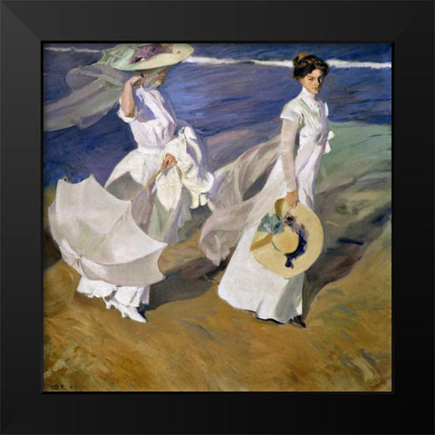 Strolling along the Seashore Black Modern Wood Framed Art Print by Sorolla y Bastida, Joaquin