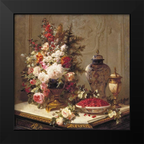 Floral composition on a table Black Modern Wood Framed Art Print by Robie, Jean-Baptiste