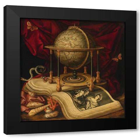 Still Life with Celestial Globe, a Book, Shells, a Snake and Butterflies  Black Modern Wood Framed Art Print by Luyckx, Carstian