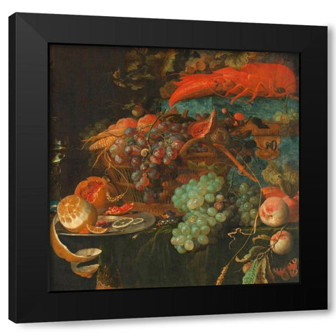 Still Life with Fruit and a Goldfinch (detail) Black Modern Wood Framed Art Print with Double Matting by Mignon, Abraham