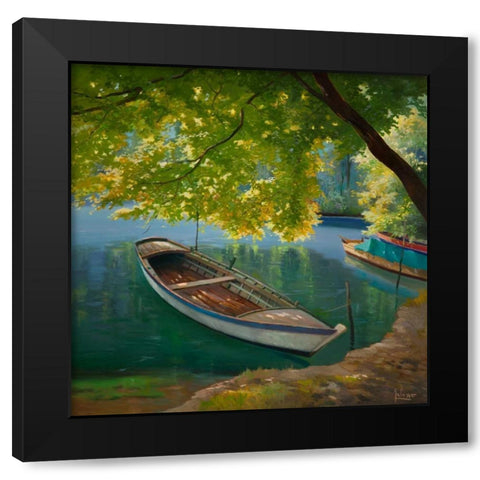Barca sul fiume Black Modern Wood Framed Art Print by Galasso, Adriano
