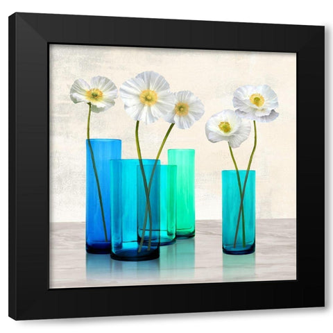 Poppies in crystal vases (Aqua I) Black Modern Wood Framed Art Print by Cynthia, Ann