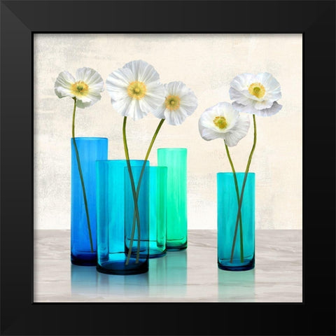 Poppies in crystal vases (Aqua I) Black Modern Wood Framed Art Print by Cynthia, Ann