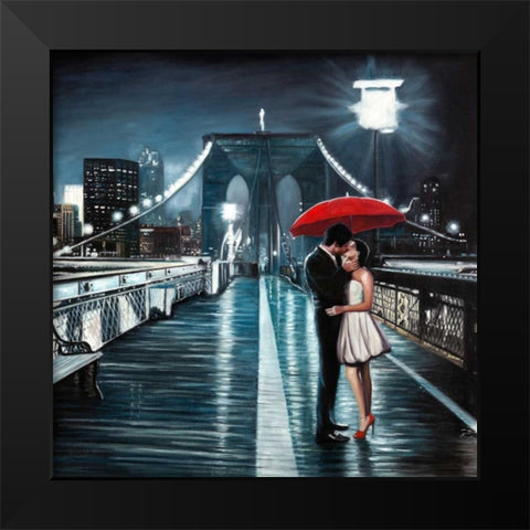 Kissing on Brooklyn Bridge Black Modern Wood Framed Art Print by Benson, Pierre