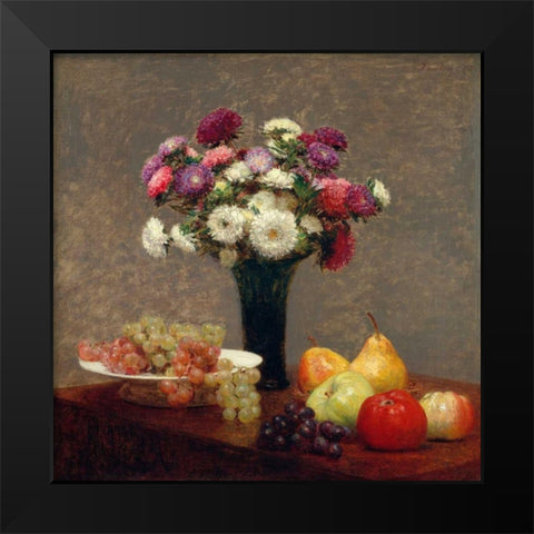 Asters and Fruit on a Table Black Modern Wood Framed Art Print by Fantin-Latour, Henri