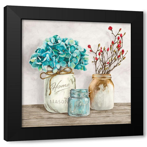 Floral composition with Mason Jars I Black Modern Wood Framed Art Print by Jenny, Thomlinson