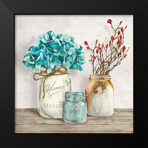 Floral composition with Mason Jars I Black Modern Wood Framed Art Print by Jenny, Thomlinson