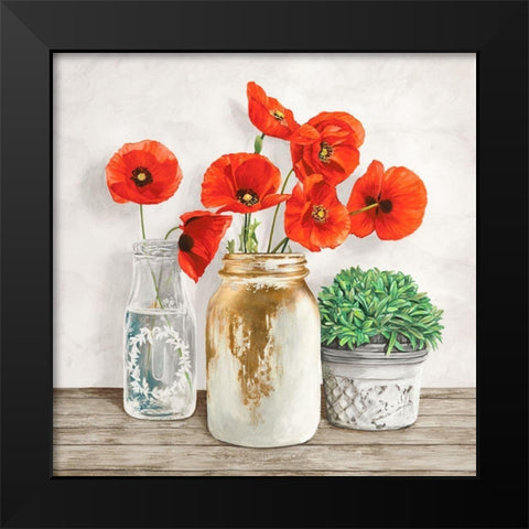 Floral composition with Mason Jars II Black Modern Wood Framed Art Print by Jenny, Thomlinson