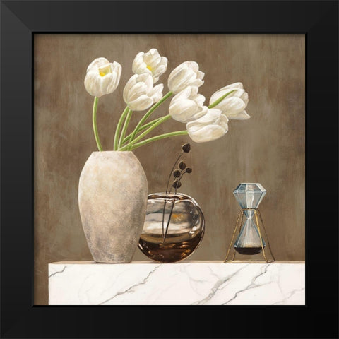 Floral Setting on White Marble I Black Modern Wood Framed Art Print by Thomlinson, Jenny