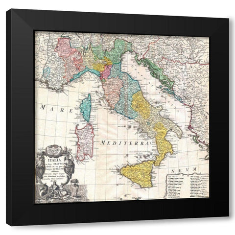 Map of Italy, 1742 Black Modern Wood Framed Art Print with Double Matting by Johann, Homann