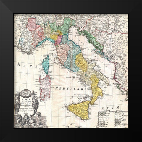Map of Italy, 1742 Black Modern Wood Framed Art Print by Johann, Homann