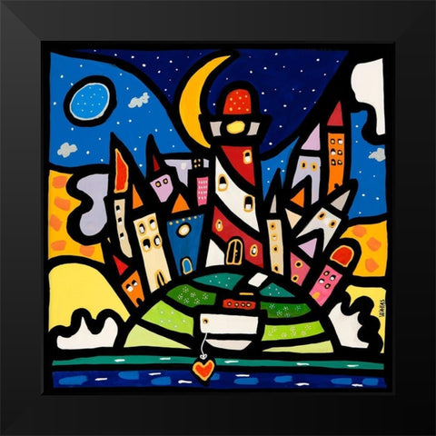 Happy Island Black Modern Wood Framed Art Print by Wallas