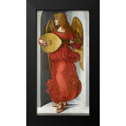 An Angel in Red with a Lute Black Modern Wood Framed Art Print by After Leonardo da Vinci