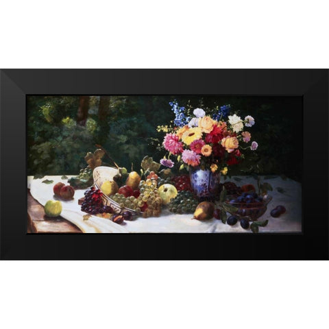 Vase of Flowers and Fruit on a Draped Table Black Modern Wood Framed Art Print by Burghardt, Adam
