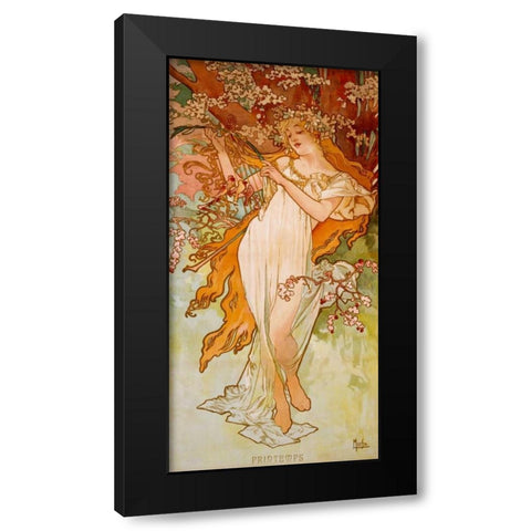 Printemps Black Modern Wood Framed Art Print with Double Matting by Mucha, Alphonse