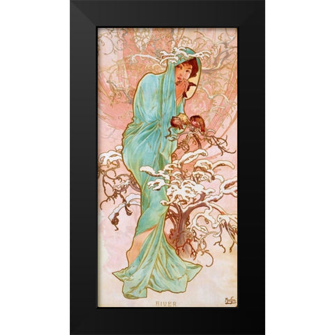 Hiver Black Modern Wood Framed Art Print by Mucha, Alphonse