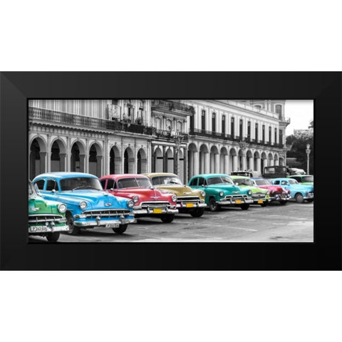 Cars parked in line, Havana, Cuba Black Modern Wood Framed Art Print by Pangea Images