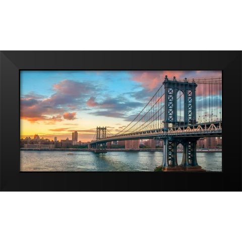 Manhattan Bridge at sunset, NYC Black Modern Wood Framed Art Print by Anonymous