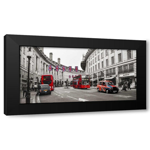 Buses and taxis in Oxford Street, London Black Modern Wood Framed Art Print by Pangea Images